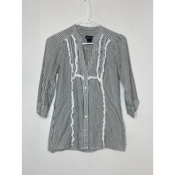 Wet Seal‎ Y2K 100% Cotton 3/4 Sleeve Tie Back Button Front Striped Blouse Gray M - Picture 1 of 6